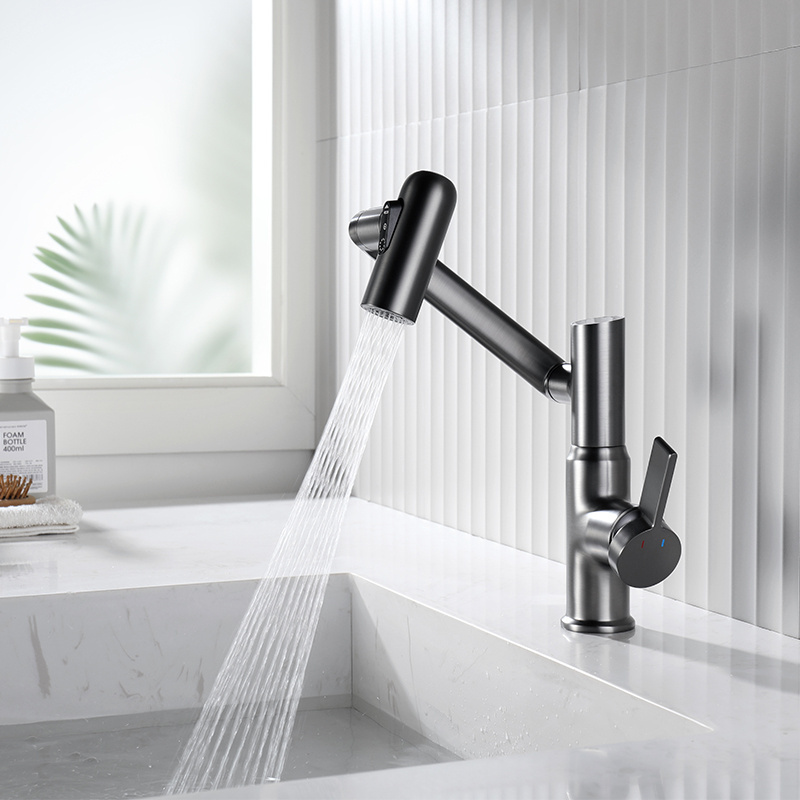 LED Display 1080 Degree Rotate Robot Arm Single Handle Brass Bathroom Faucet