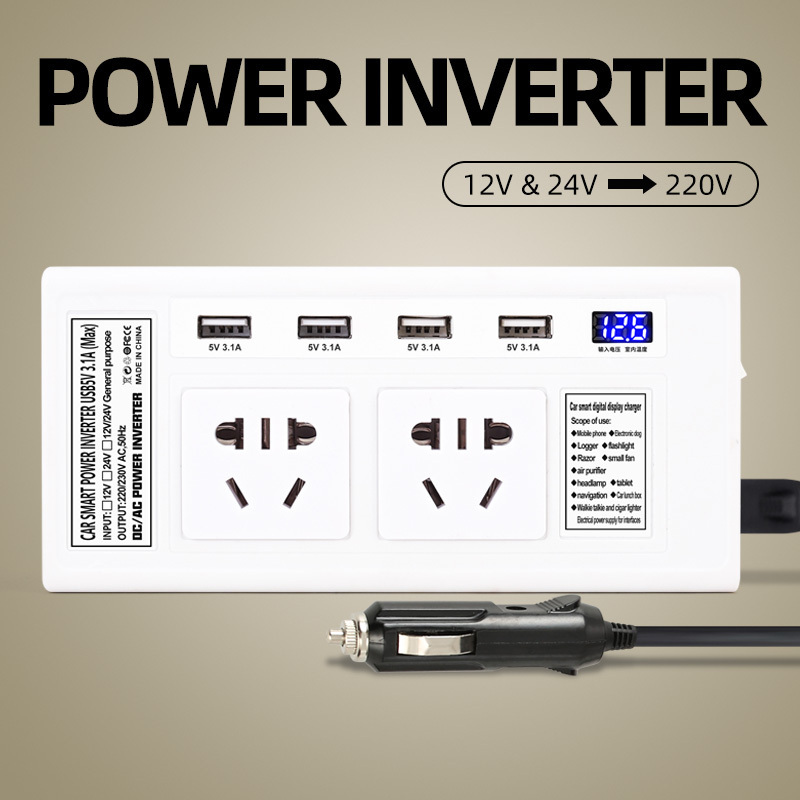 LED Display Intelligent Car inverter 4 USB Ports Charger Adapter Inverter DC AC Converter 12V24V to 220v Car Power Inverter 200W