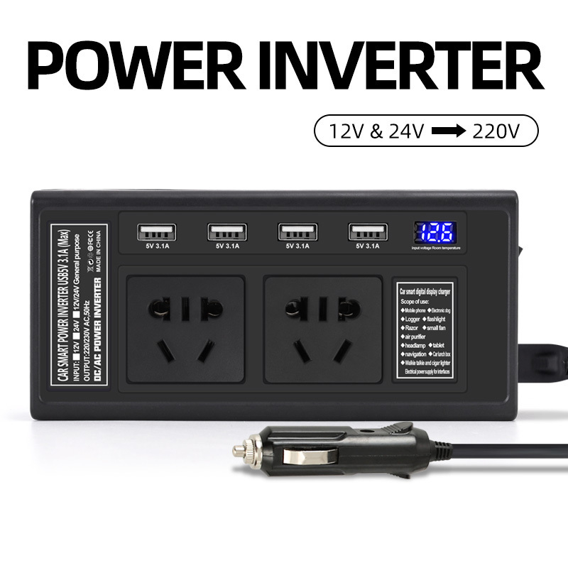 LED Display Intelligent Car inverter 4 USB Ports Charger Adapter Inverter DC AC Converter 12V24V to 220v Car Power Inverter 200W