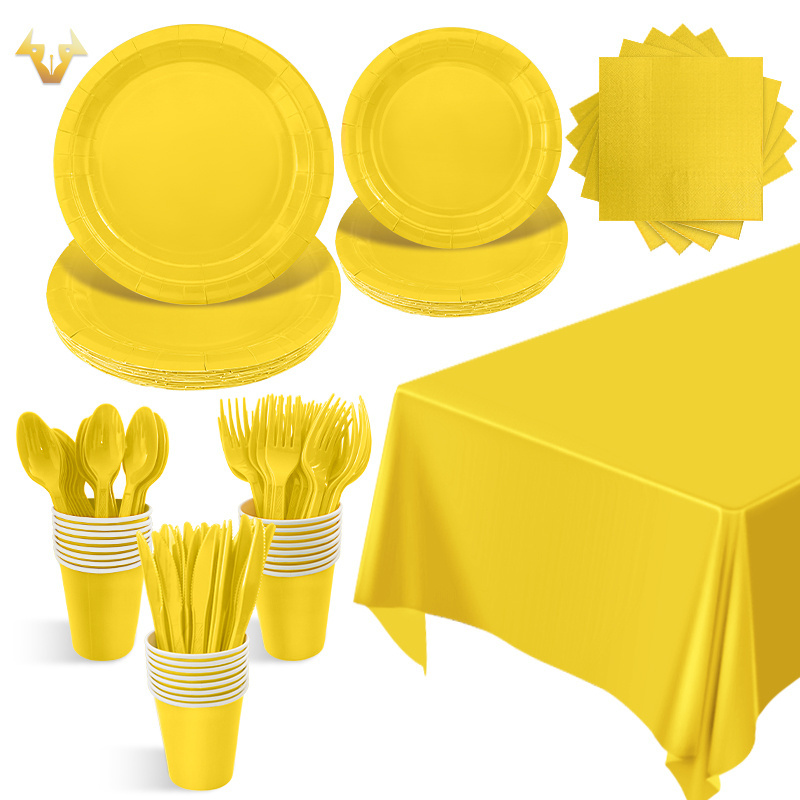 Dinner Plate Set Yellow Paper Towel Paper Cups Disposable Party Supplies Sets New Spot Solid Color Opp Bag Party Wedding / Yp