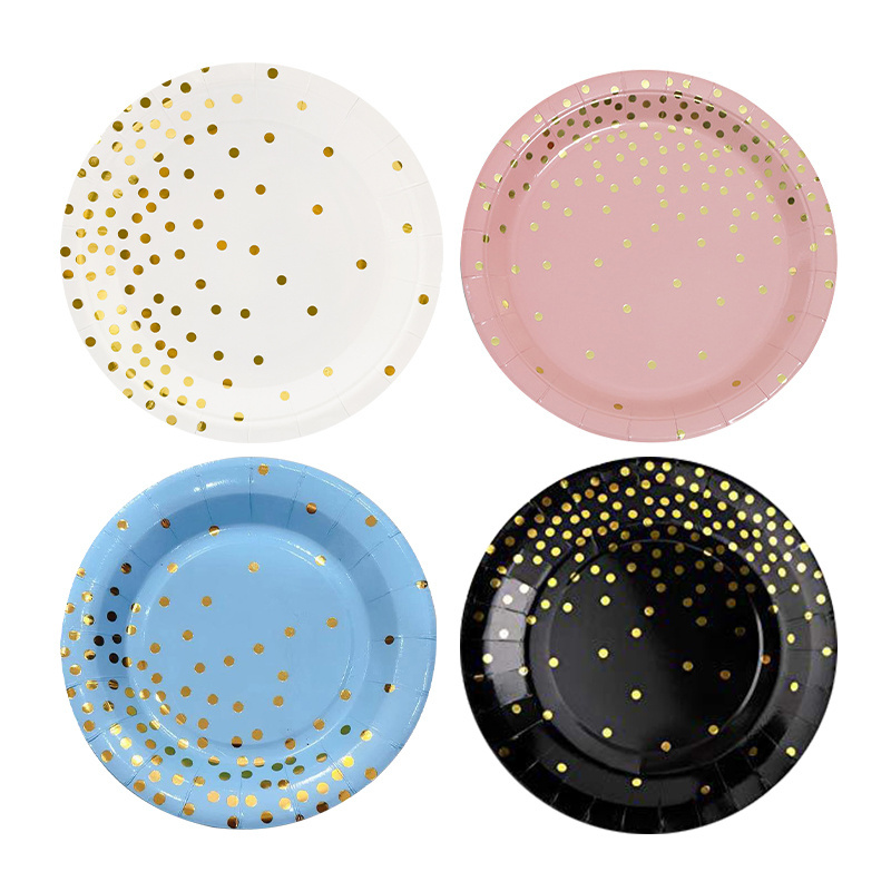 Factory spot 7-inch gilding paper plate set Gold hot stamping printing polka dot dinner plate Disposable paper plates set