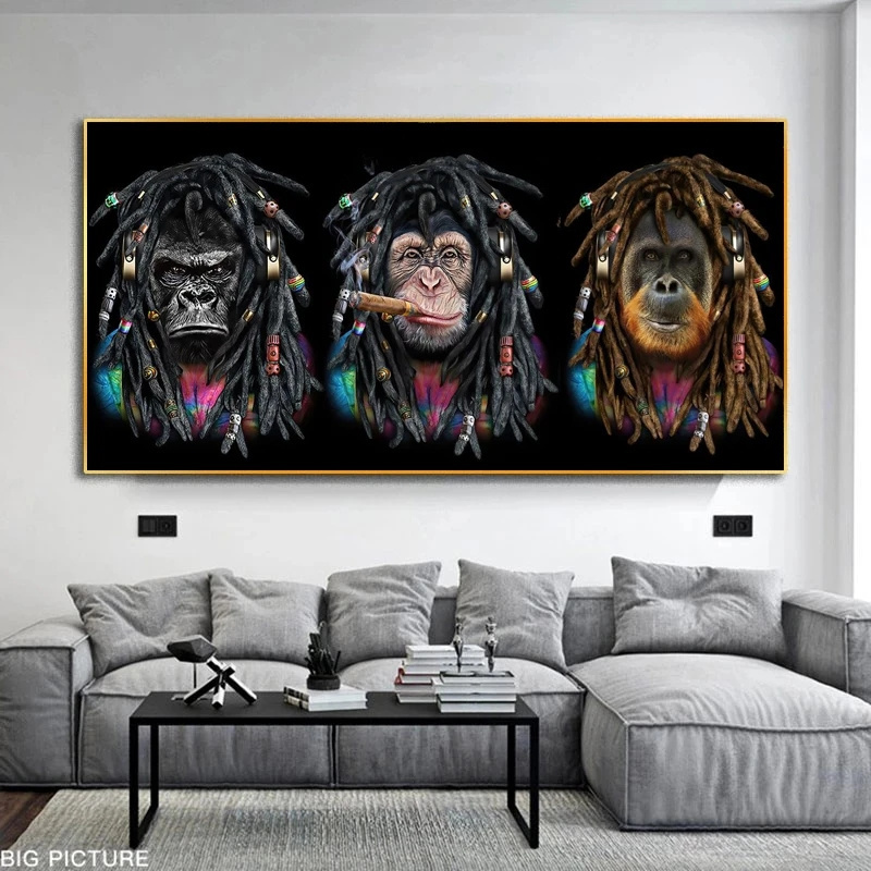 Cool Animal Art Funny Long Braid Smoking Monkeys Canvas Painting Wall Art Posters Prints Wall Pictures for Home Wall Cuadros