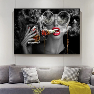 Creative Smoking and Drinking Gril Poster Print on Canvas Painting Makeup Woman Smoking Clouds Wall Art Pictures Bar Wall Decor