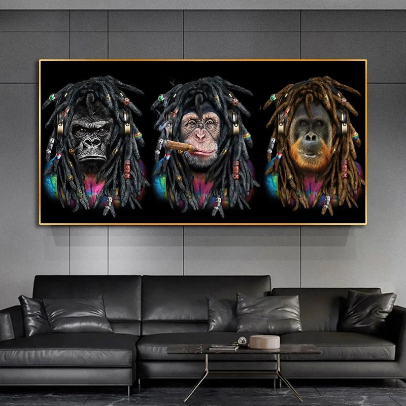 Cool Animal Art Funny Long Braid Smoking Monkeys Canvas Painting Wall Art Posters Prints Wall Pictures for Home Wall Cuadros