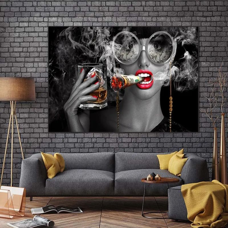 Creative Smoking and Drinking Gril Poster Print on Canvas Painting Makeup Woman Smoking Clouds Wall Art Pictures Bar Wall Decor