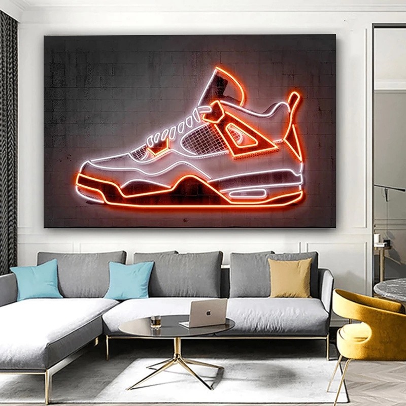 White And Orange Neon Art Sneaker Canvas Painting Wall Art Nordic Sports Shoes Posters And Prints For Living Room Home Decor