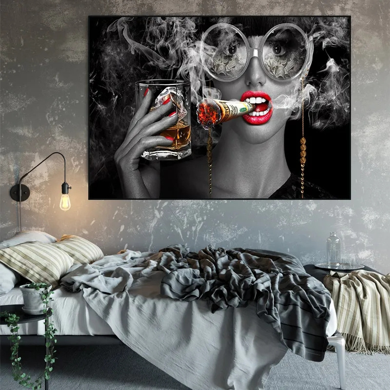 Creative Smoking and Drinking Gril Poster Print on Canvas Painting Makeup Woman Smoking Clouds Wall Art Pictures Bar Wall Decor