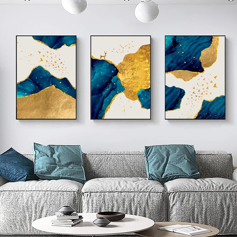 Nordic Abstract Blue golden foil lines Wall Art Canvas Painting deer Poster Print Wall Picture for Luxury Living Room home Decor