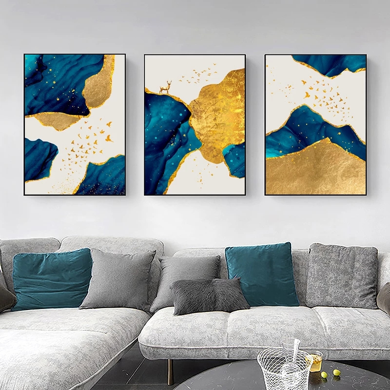 Nordic Abstract Blue golden foil lines Wall Art Canvas Painting deer Poster Print Wall Picture for Luxury Living Room home Decor