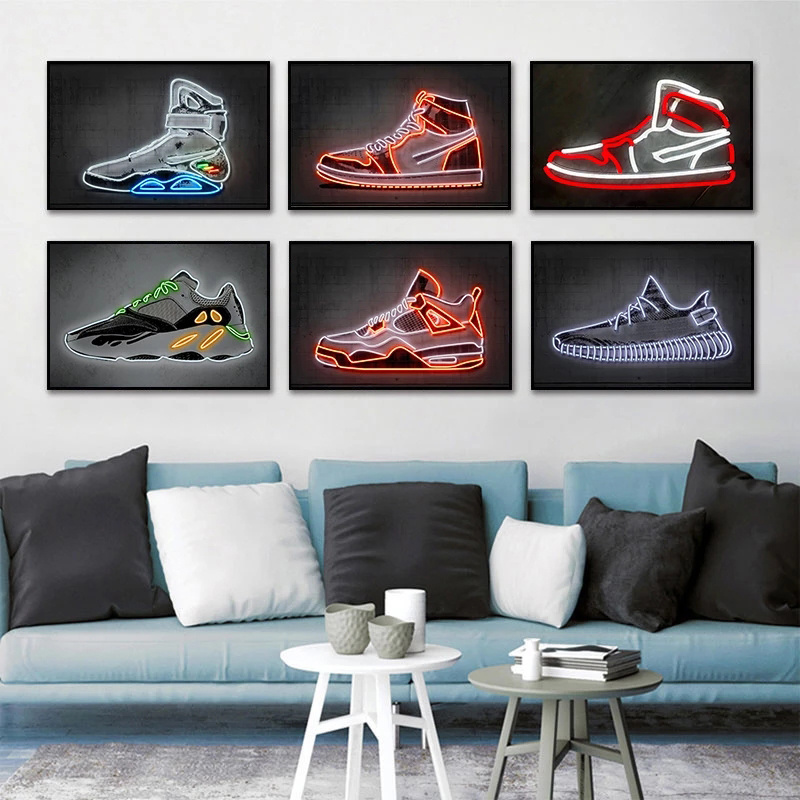 Neon Art Fashion Future Sneakers Poster Prints Canvas Painting Abstract Shoes Wall Art Personality Bar Wall Decor Boy Room Decor