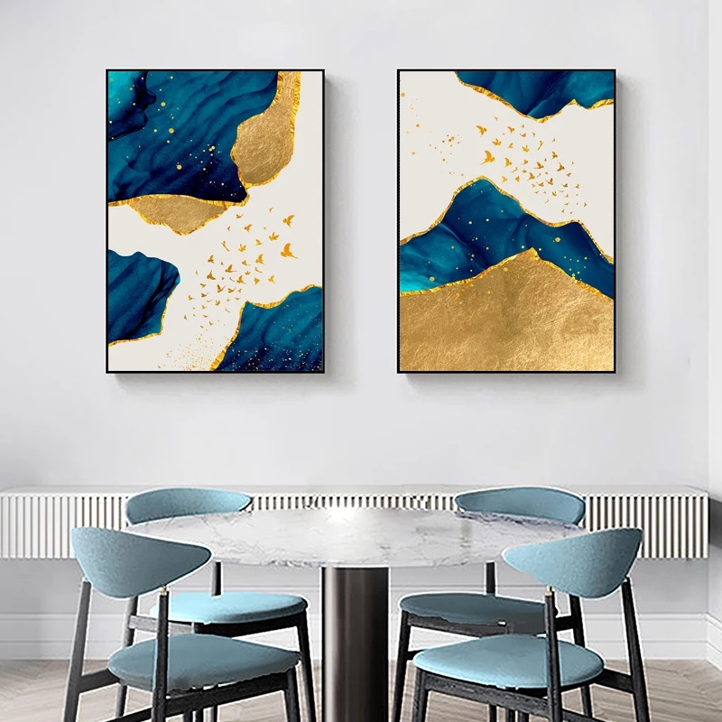 Nordic Abstract Blue golden foil lines Wall Art Canvas Painting deer Poster Print Wall Picture for Luxury Living Room home Decor