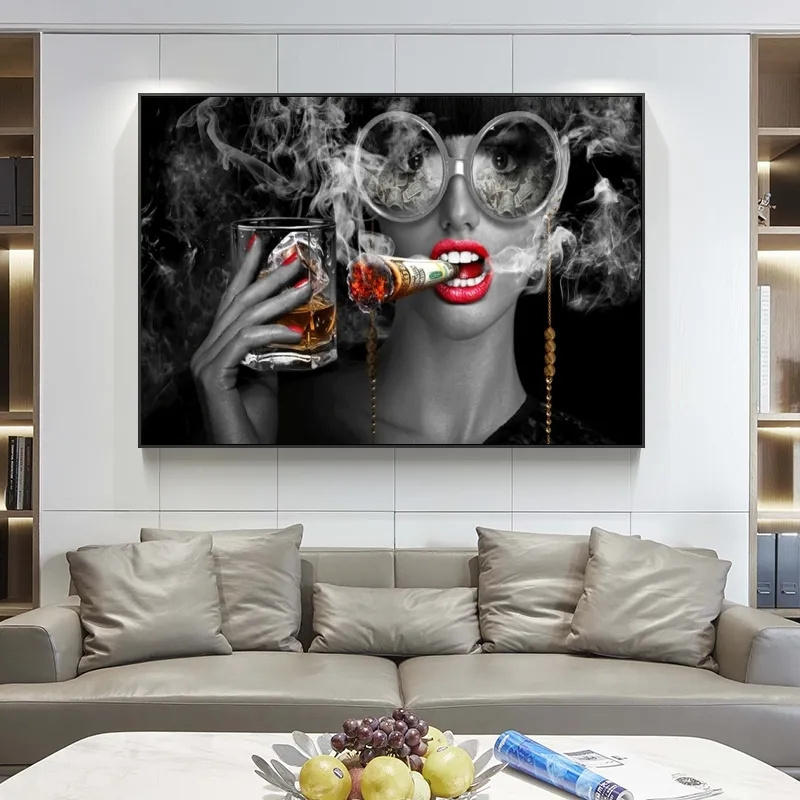 Creative Smoking and Drinking Gril Poster Print on Canvas Painting Makeup Woman Smoking Clouds Wall Art Pictures Bar Wall Decor