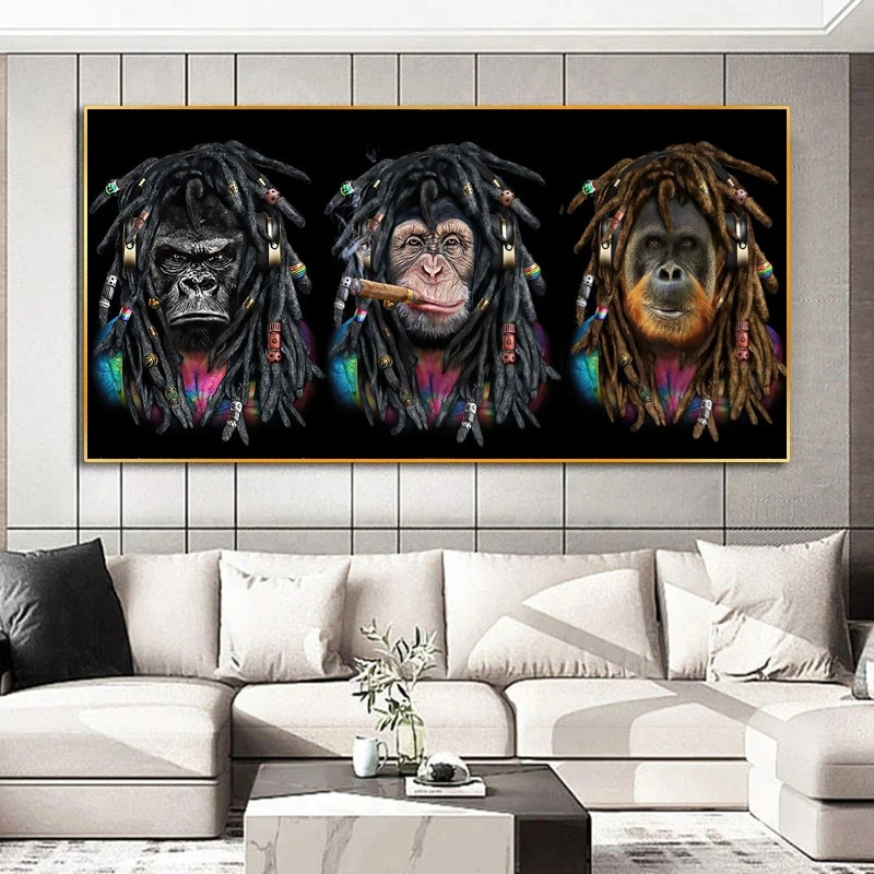 Cool Animal Art Funny Long Braid Smoking Monkeys Canvas Painting Wall Art Posters Prints Wall Pictures for Home Wall Cuadros