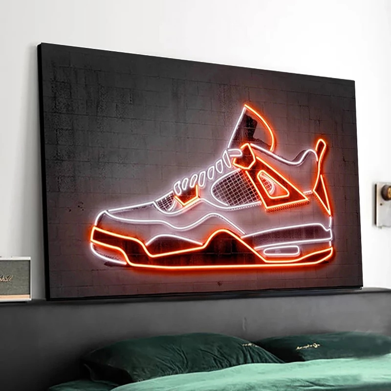 White And Orange Neon Art Sneaker Canvas Painting Wall Art Nordic Sports Shoes Posters And Prints For Living Room Home Decor