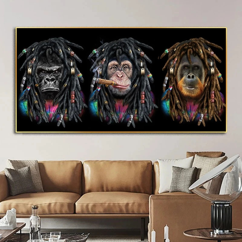 Cool Animal Art Funny Long Braid Smoking Monkeys Canvas Painting Wall Art Posters Prints Wall Pictures for Home Wall Cuadros