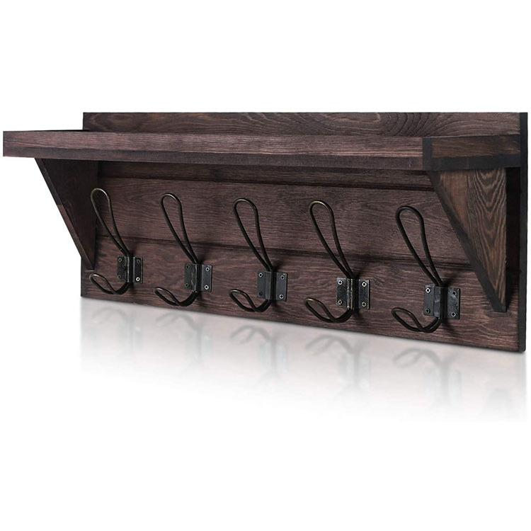 Rustic Wooden Hanging Coat Rack Wood Mail Holder Shelf with Hooks