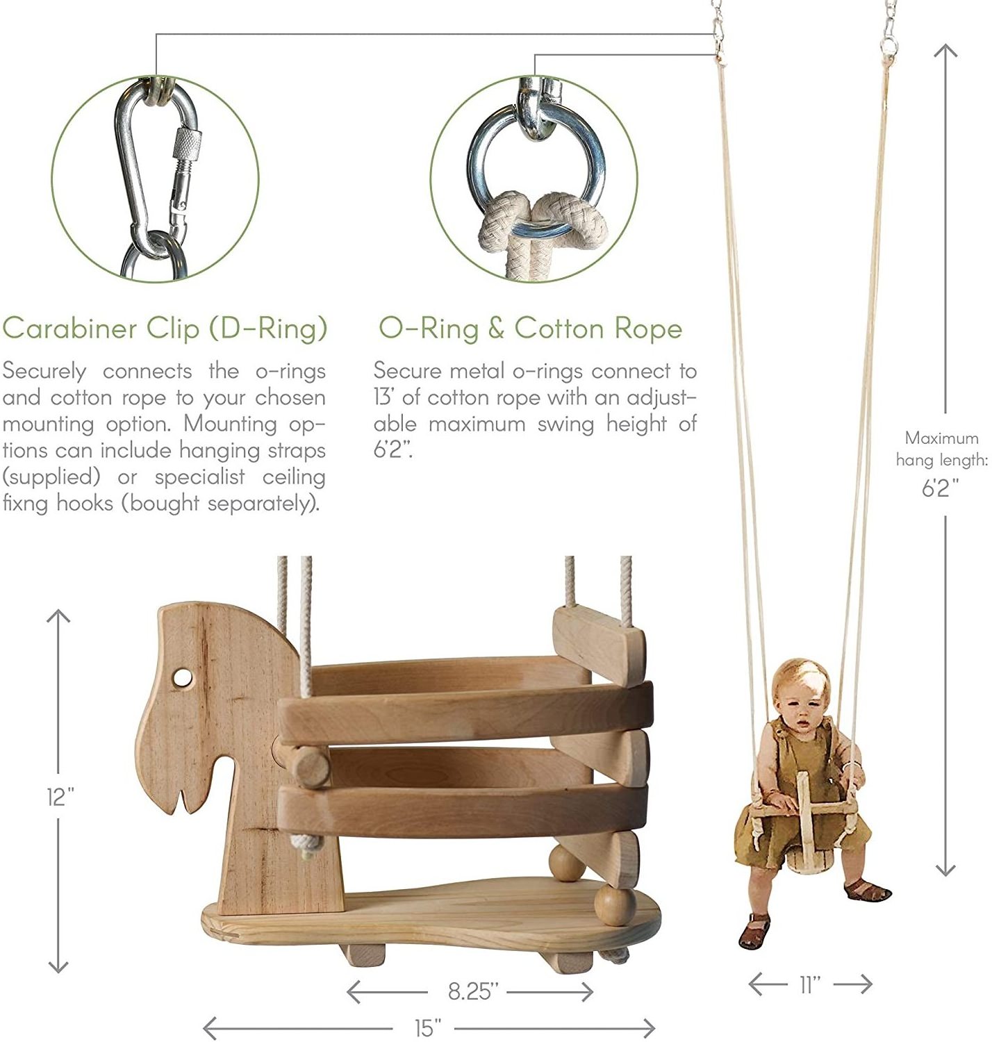 Wooden Horse Baby Swing for Outdoor Wood Toddler Swing Chair Seat