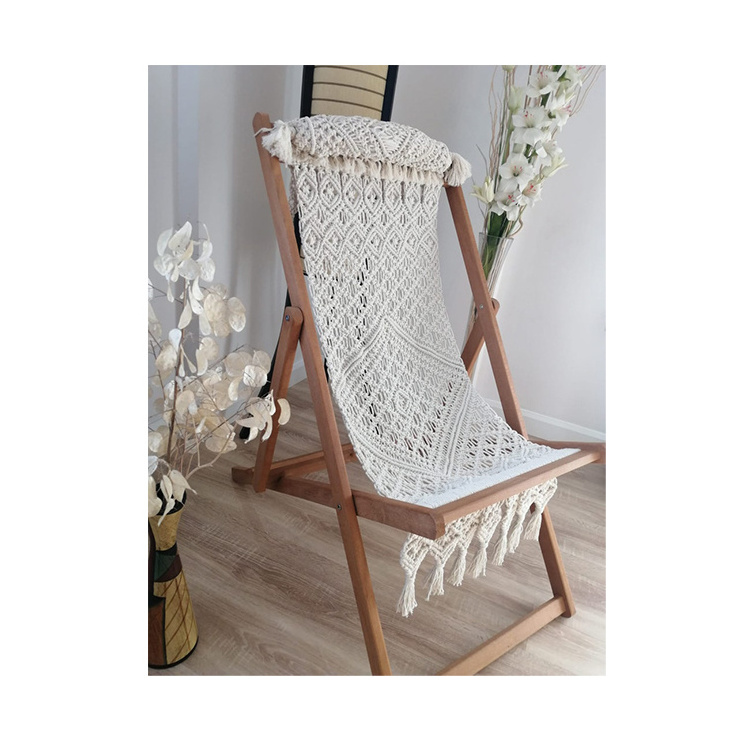 Ins Boho Style Braided Folding Lounge Chair Macrame Hammock Swing Garden Recliner Wooden Folding Beach Chair with Tassels