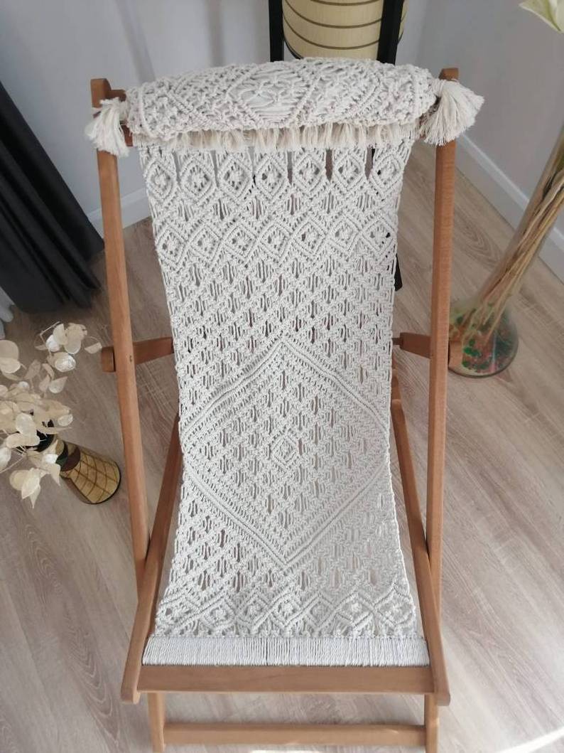 Ins Boho Style Braided Folding Lounge Chair Macrame Hammock Swing Garden Recliner Wooden Folding Beach Chair with Tassels