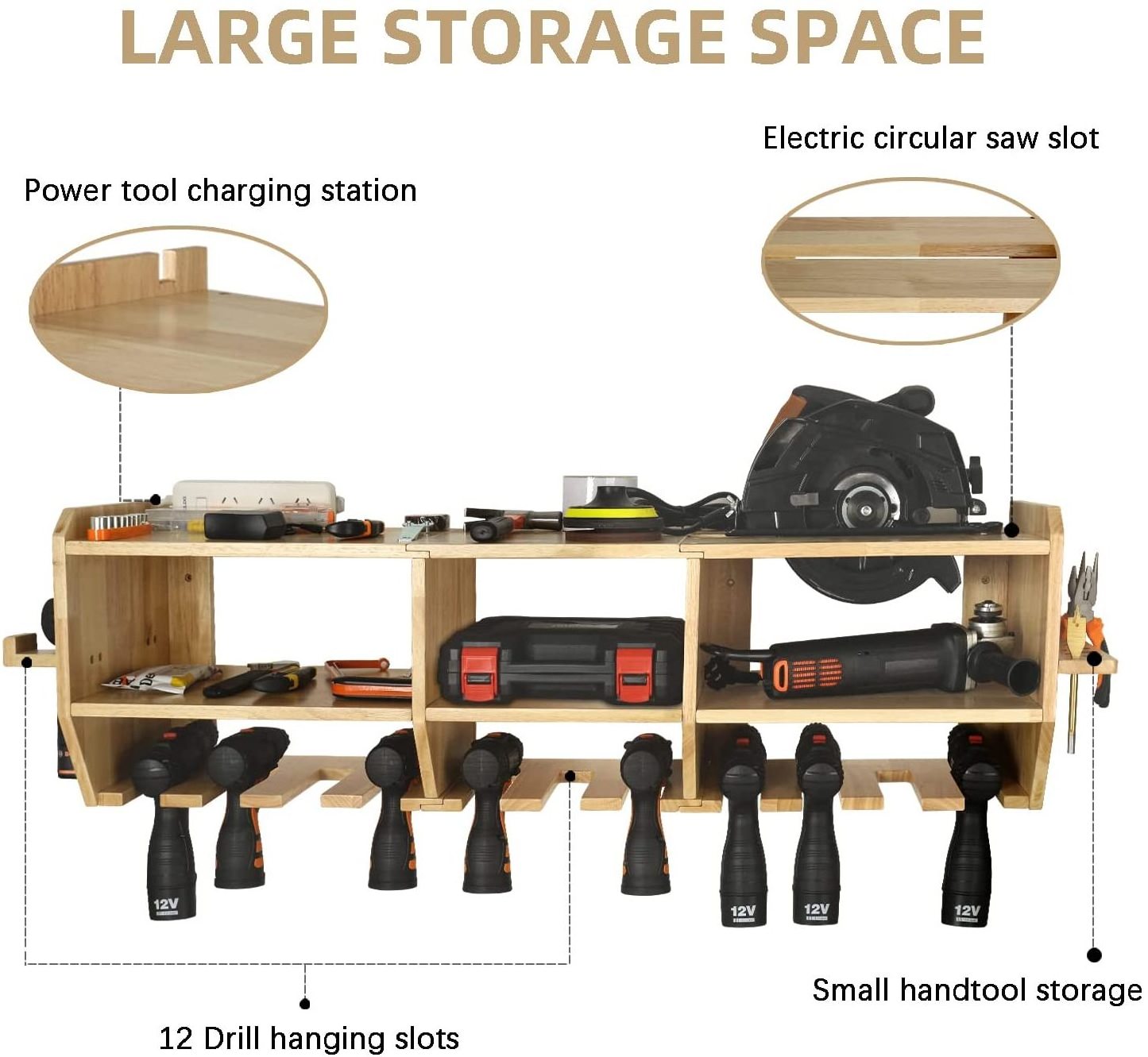 Large Power Wall Mounted Screwdriver Organizer Wooden Pliers Tool Storage Holder Hammer Rack Power Drill Charging Station