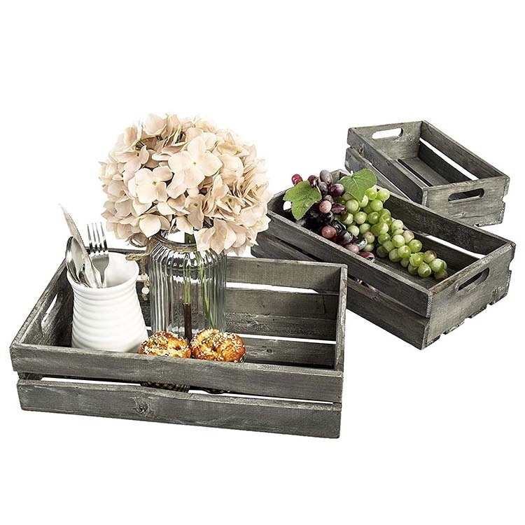 Farmhouse Style Barnwood Gray Wood Nesting Crates, Rustic Open Top Storage Pallet Boxes, Set of 3