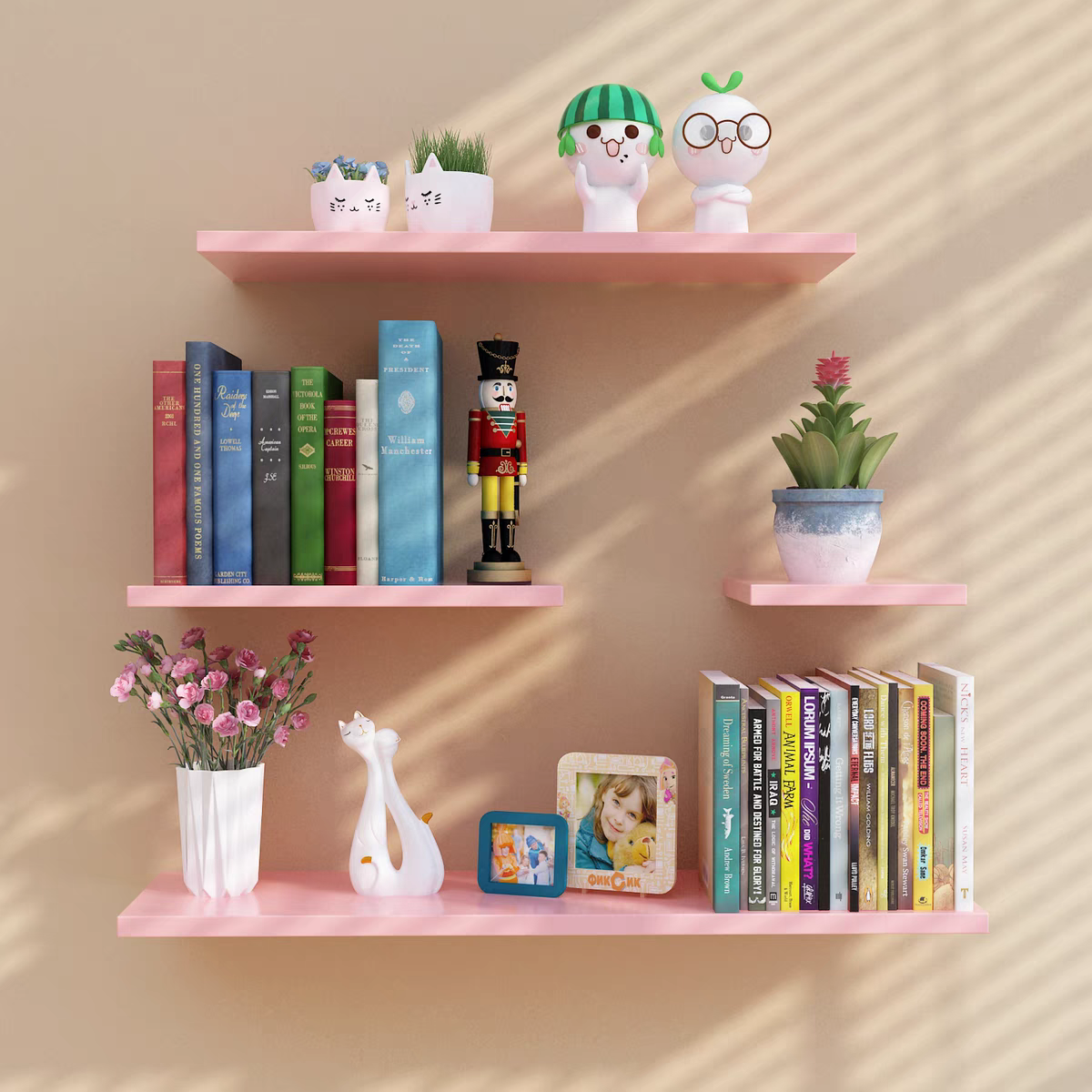 White Shelf Set of 3 Wall Mount Wood Floating Decorative Plant Display Storage Long Wall Shelf Floating Shelves for Home