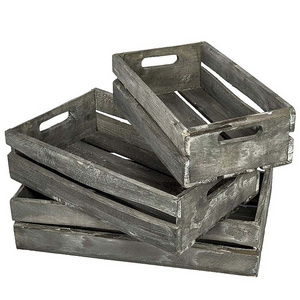 Farmhouse Style Barnwood Gray Wood Nesting Crates, Rustic Open Top Storage Pallet Boxes, Set of 3