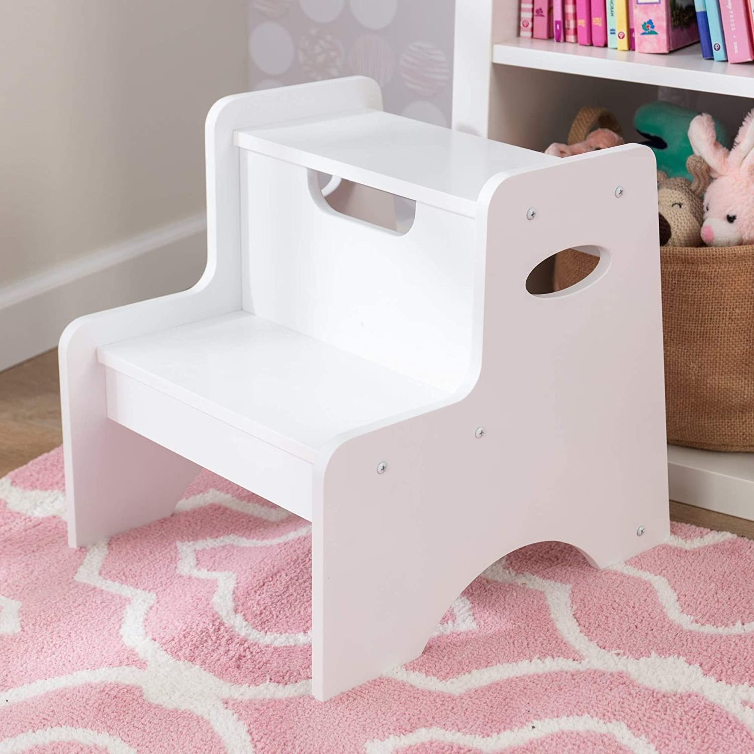 Wooden Modern Furniture Two-Step Children's Stool Modern Ottoman with Handles - White, Gift for Ages 3-8