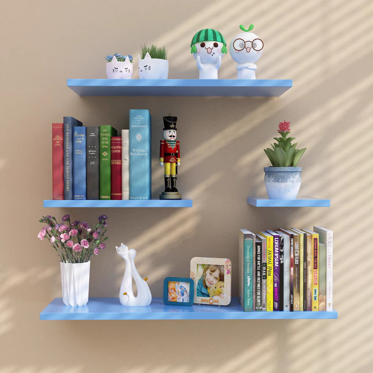 White Shelf Set of 3 Wall Mount Wood Floating Decorative Plant Display Storage Long Wall Shelf Floating Shelves for Home