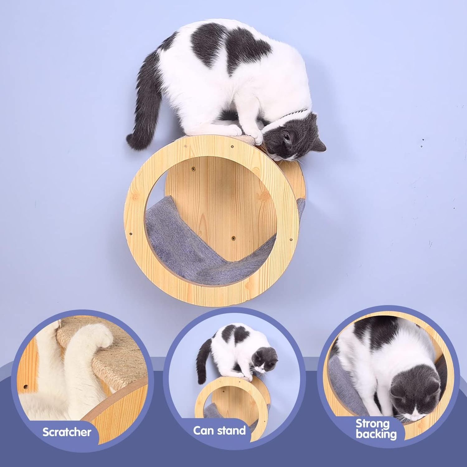 Multifunctional Comfort Indoor Round Cats Climbing Shelves Perches Activity  Hammock Wood Cat Wall Furniture