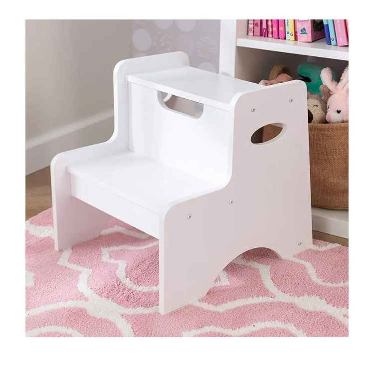 Wooden Modern Furniture Two-Step Children's Stool Modern Ottoman with Handles - White, Gift for Ages 3-8