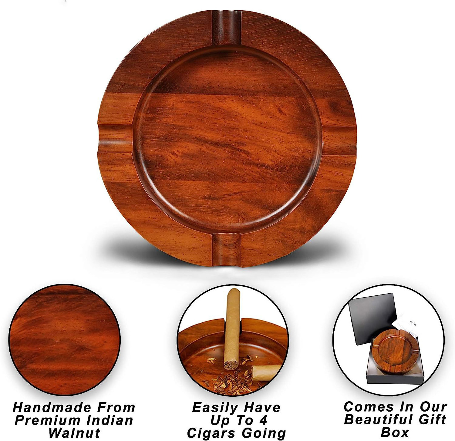 Solid Wood Walnut Cigar Ash Tray Handmade Cigar Gift 4 Slot Holder Gifts For Men