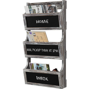 3-Slot Rustic Wood Wall Mounted Magazine Rack Mail Sorter Entryway Wooden Wall Organizer with Chalkboard Surface