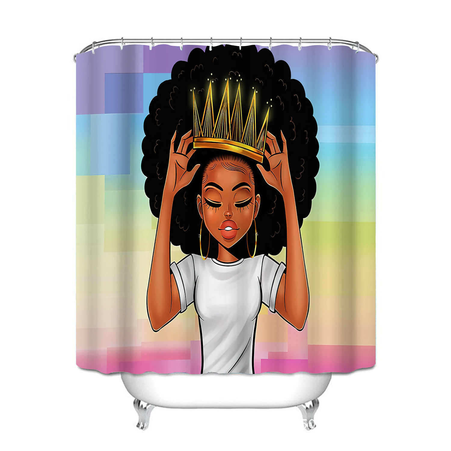 Custom 3D Afro-Style Shower Curtain for African American Girl Waterproof Polyester Bathroom Fabric with Hooks