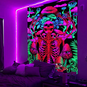 Wall Skull Tapestry Decor UV Reactive Black Light Colorful Mushroom Night Glowing Tapestries for Bedroom