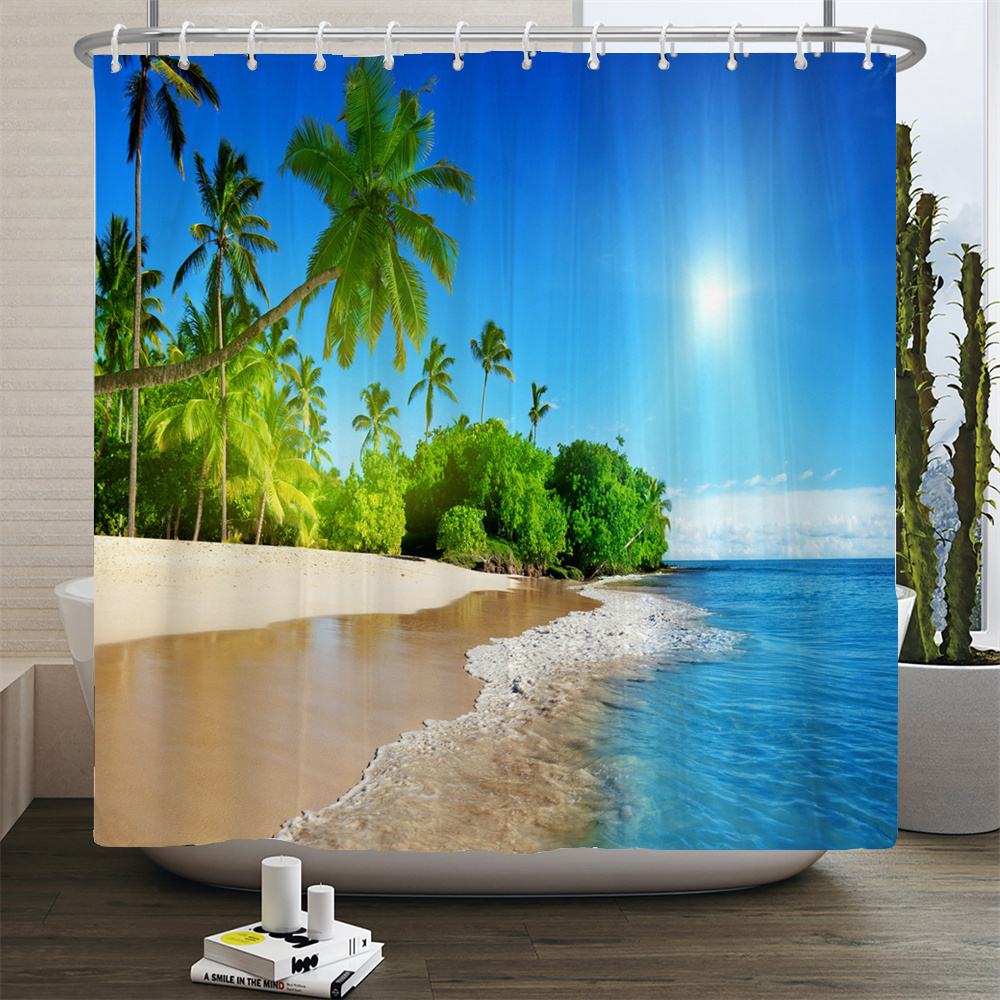 3d Beach Scenery Shower Curtains Sea Ocean Mediterranean Bathroom Curtain Waterproof Cloth Decoration Customs Bath Curtain