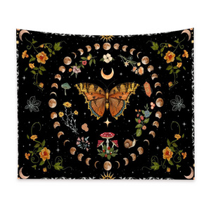 Vintage Moon Phase Tapestry Butterfly and Flower Boho Floral Plant Botanical Wall Hanging for Living Room Artful Window Carpet