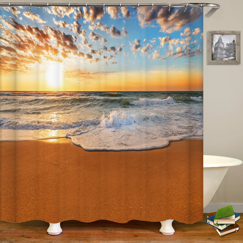 3d Beach Scenery Shower Curtains Sea Ocean Mediterranean Bathroom Curtain Waterproof Cloth Decoration Customs Bath Curtain