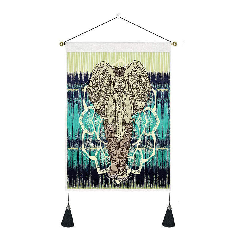 35*50cm Ready to Ship Indian Elephant Macrame Tassel Phase Tapestry HD Printed Cotton Linen Mandala Wall Hanging Decoration