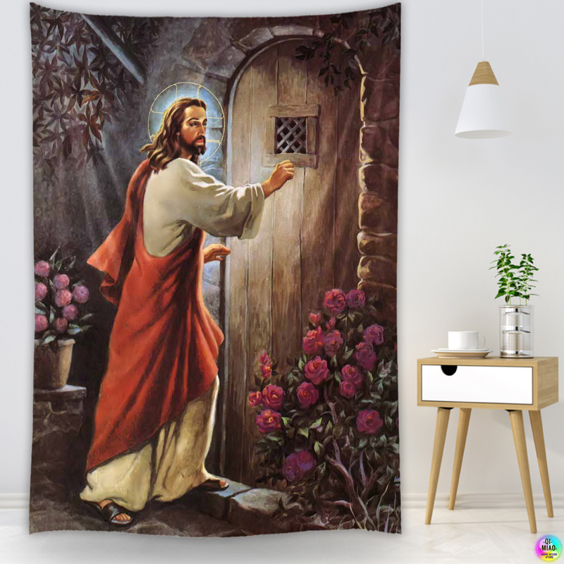 Custom Jesus Christ Knocking The Door Tapestry Christmas Wall Decor Christian Believers Wise Men Wall Hanging Easter Home Decor