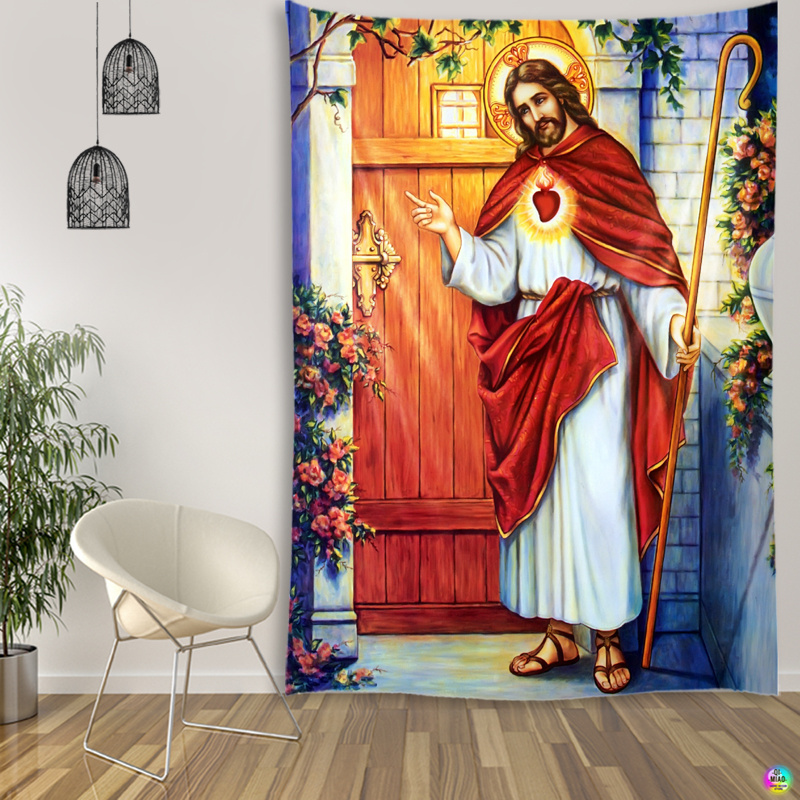 Custom Jesus Christ Knocking The Door Tapestry Christmas Wall Decor Christian Believers Wise Men Wall Hanging Easter Home Decor