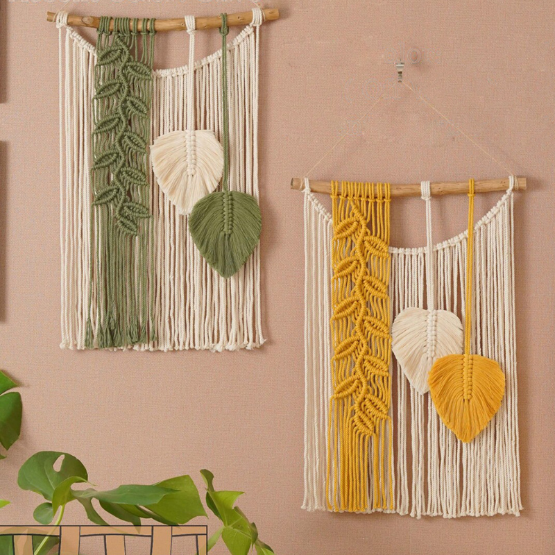 Macrame Leaf Wall Hanging Tapestry With Tassels Hand-Woven Nordic Style Nursery Aesthetic Home Decor Boho Art for Bedroom Decor