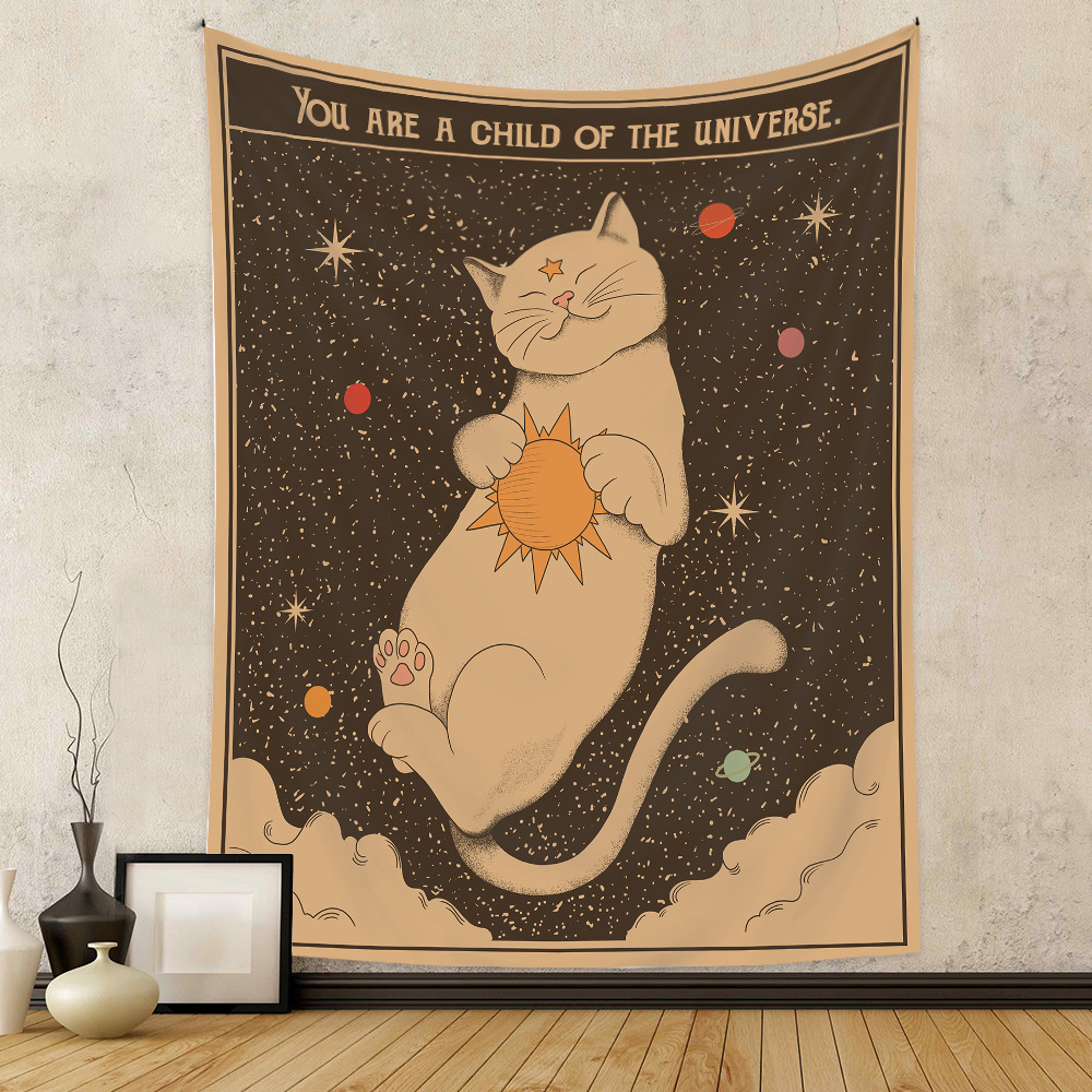 Moon Tarot Tapestry Wall Hanging Boho Kawaii Room Decor Aesthetic Psychedelic Hippie Fabric Cute Cat Large Tapestry for Bedroom