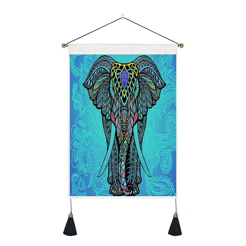 35*50cm Ready to Ship Indian Elephant Macrame Tassel Phase Tapestry HD Printed Cotton Linen Mandala Wall Hanging Decoration