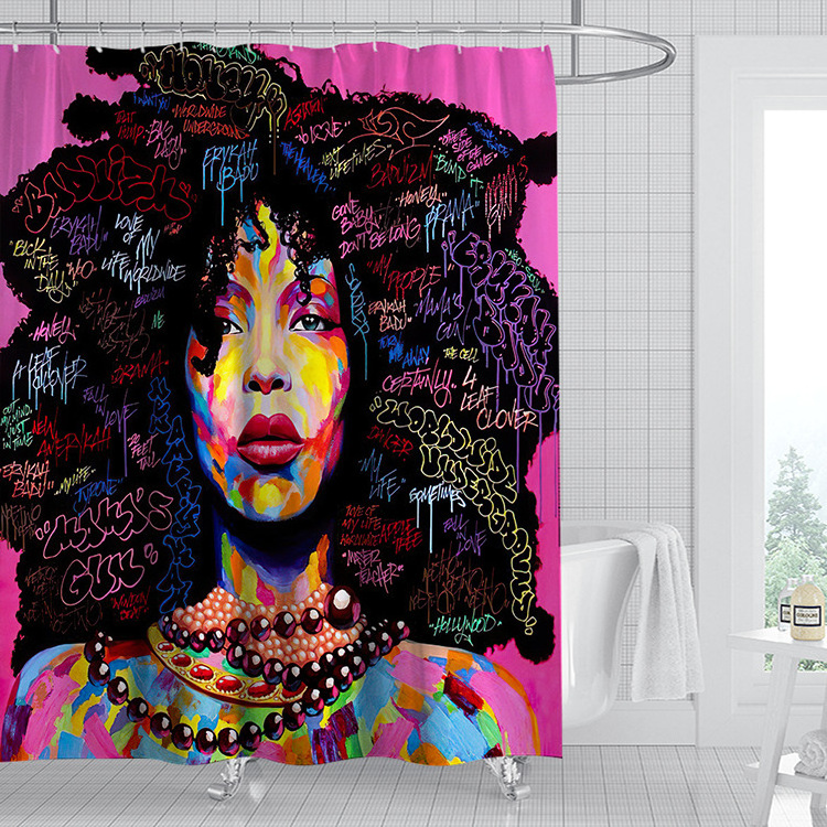 Custom 3D Afro-Style Shower Curtain for African American Girl Waterproof Polyester Bathroom Fabric with Hooks