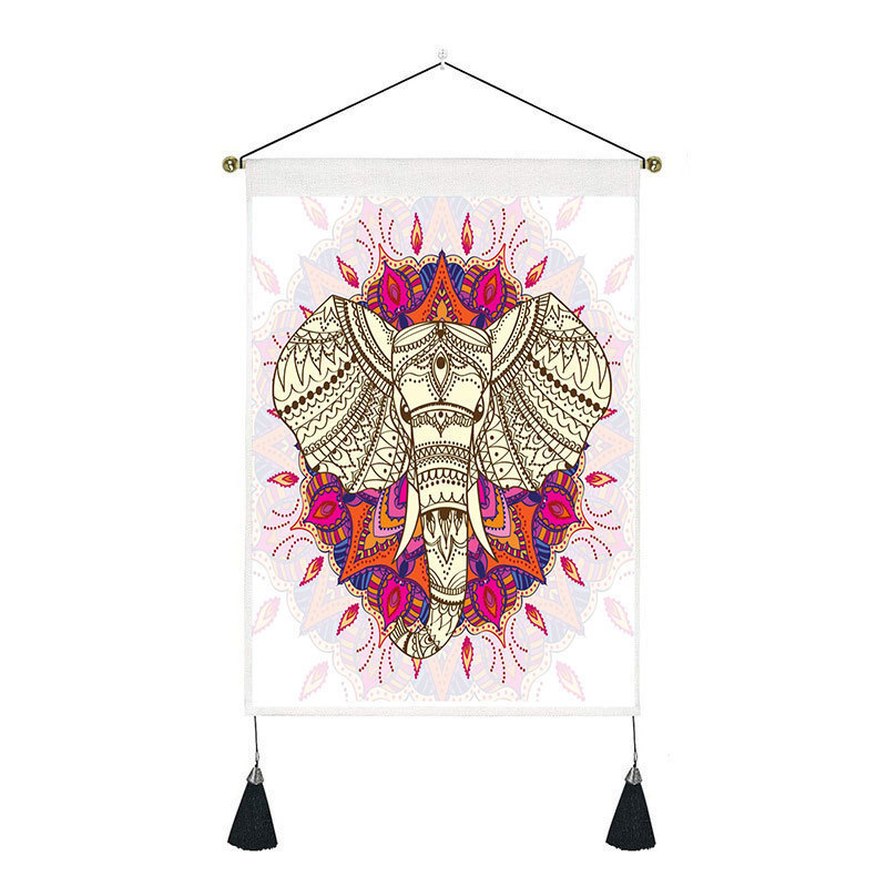 35*50cm Ready to Ship Indian Elephant Macrame Tassel Phase Tapestry HD Printed Cotton Linen Mandala Wall Hanging Decoration