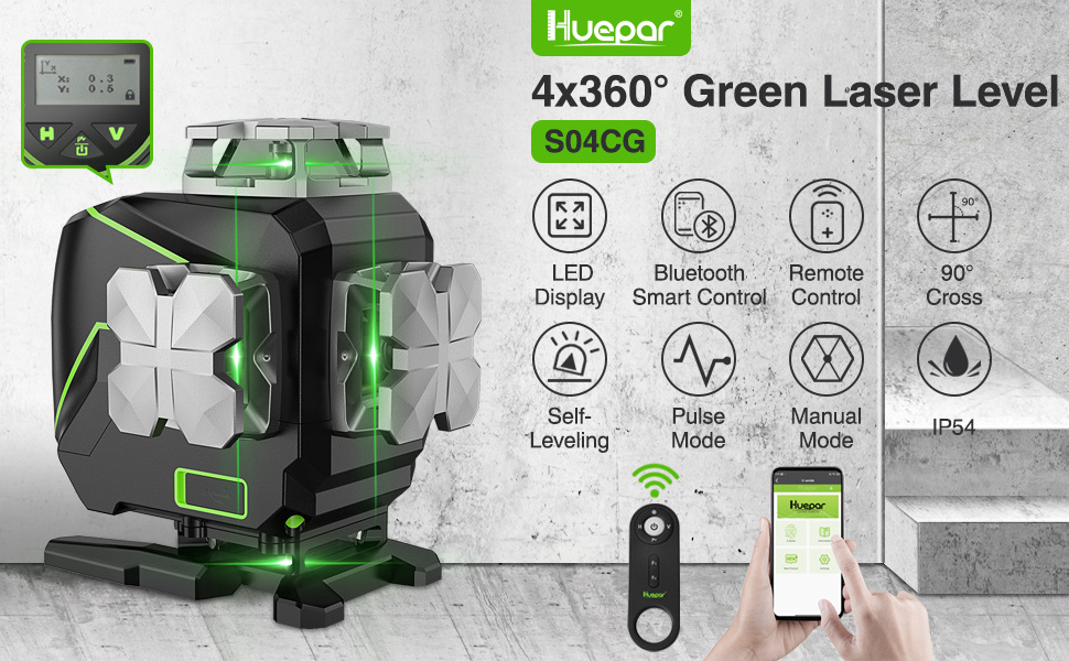 Huepar S04CG 4D Rotary Laser Level Cross Line 360 Digital Green Laser Automatic Self Leveling