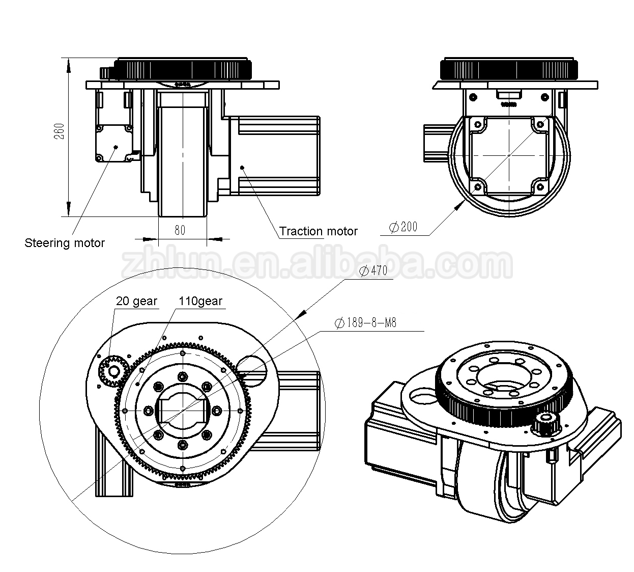 AGV medium steering drive wheel ZL-260 forklift fork jungheinrich golf cart wheel motor tcm barrow wheel handling equipment part