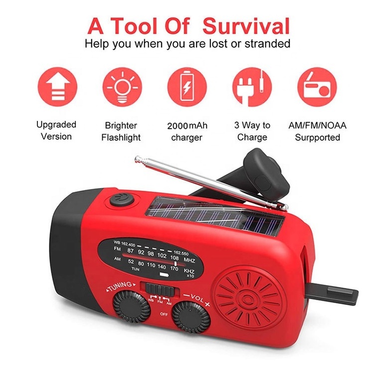 MEDING Portable Solar Radio Power Bank 2000Mah Emergency Hand Crank Generator