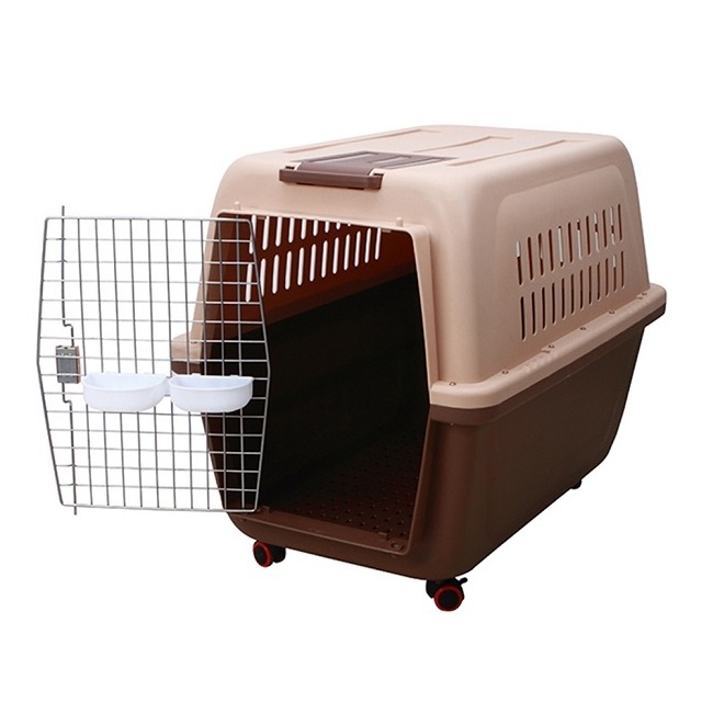 Rolling Plastic Airline Approved Wire Door plastic pet carrier double cat carrier on wheels